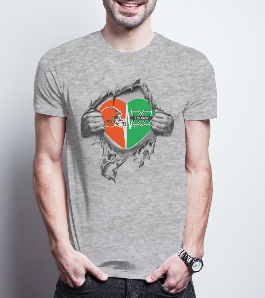 Browns Helmet And Marshall Thundering Herd Heart T-Shirt