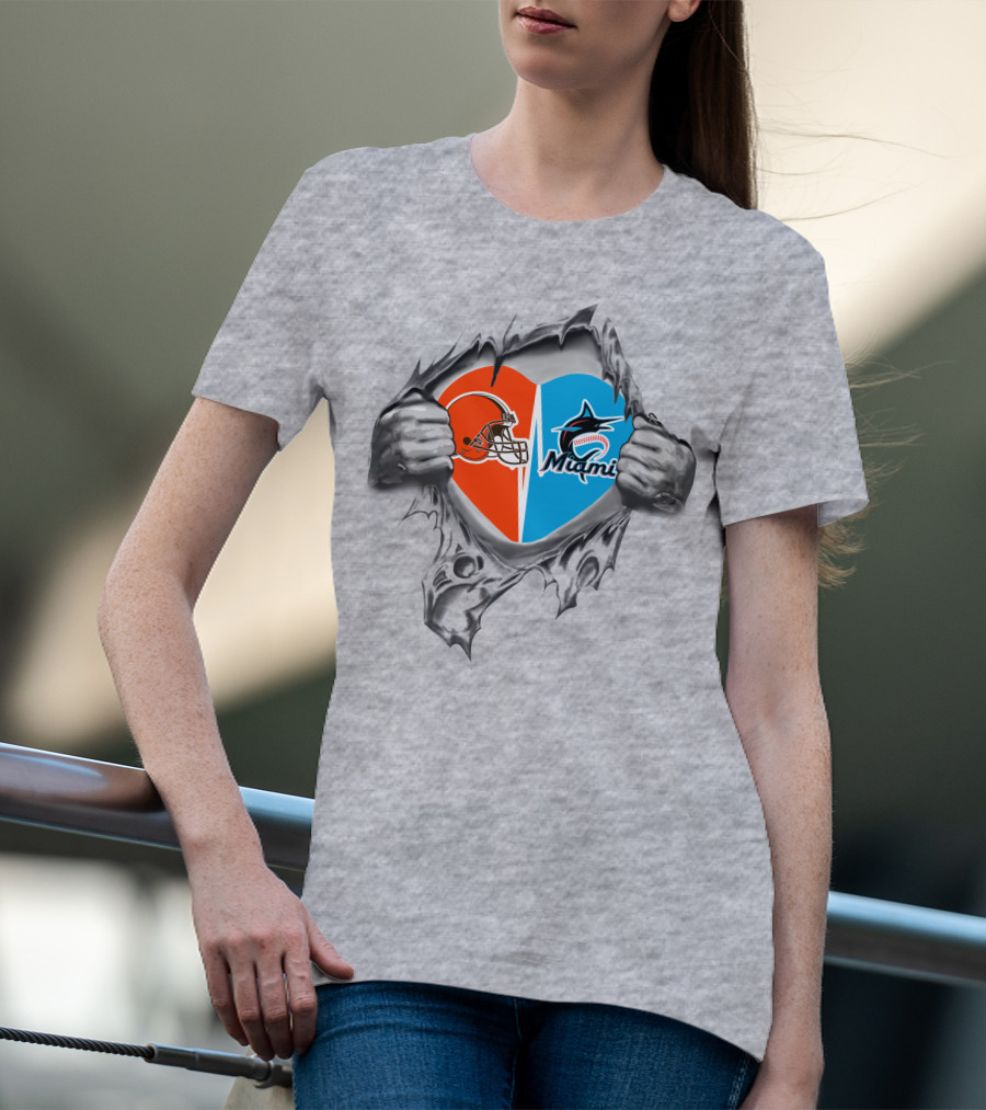 Browns Miami Marlins Heart Logo Reveal T-Shirt