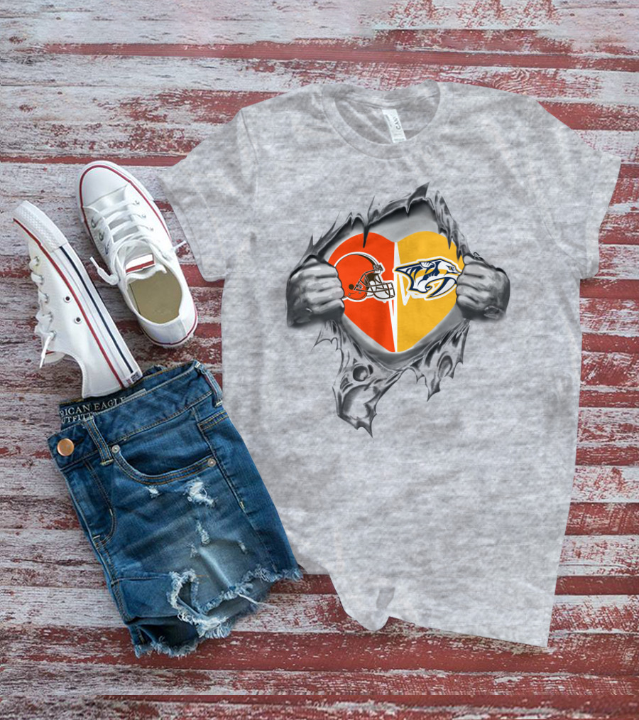 Cleveland Browns Nashville Predators Heart Logo Tearing T-Shirt