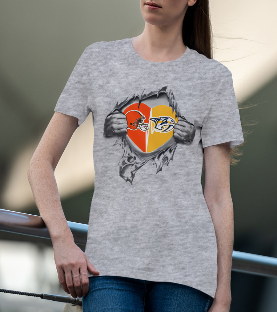 Cleveland Browns Nashville Predators Heart Logo Tearing T-Shirt