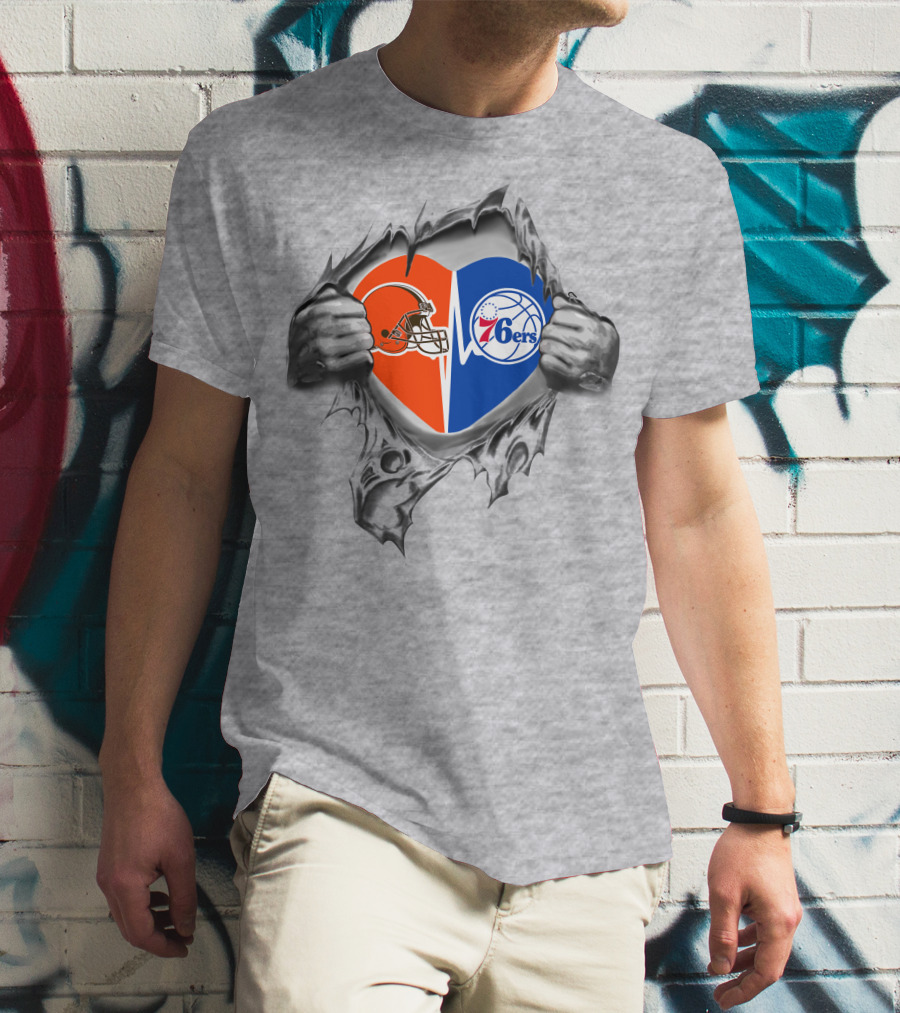 Browns 76ers Nfl Nba Heart Logo Fusion T-Shirt
