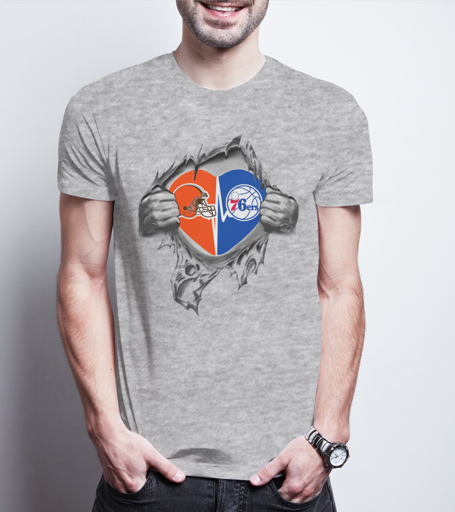 Browns 76ers Nfl Nba Heart Logo Fusion T-Shirt