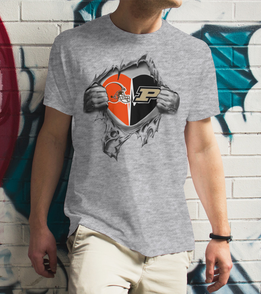 Browns Purdue Boilermakers Heart Split Design With Football Helmet And P T-Shirt