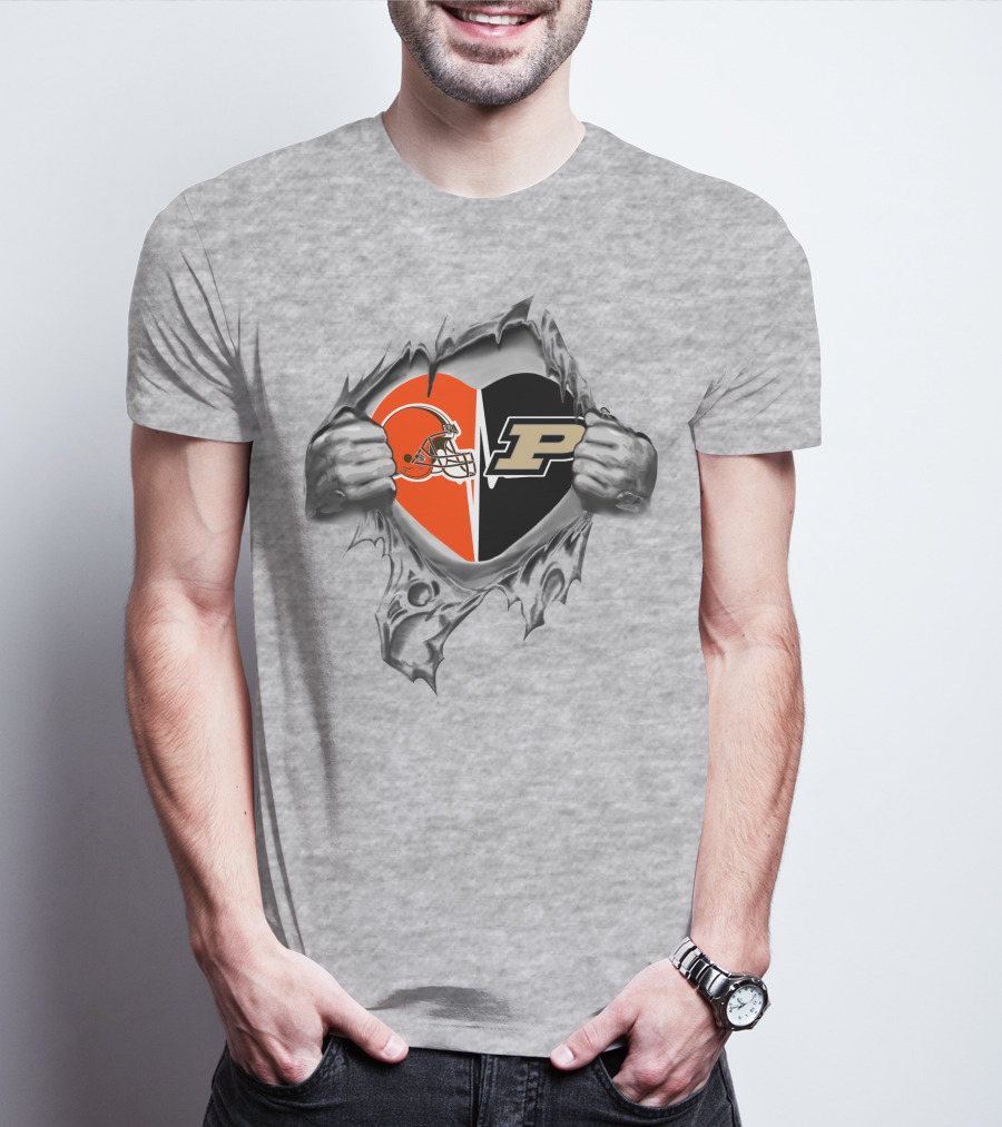 Browns Purdue Boilermakers Heart Split Design With Football Helmet And P T-Shirt