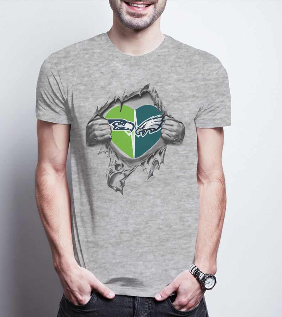 Eagles Seahawks Heart Split Logo Embrace T-Shirt