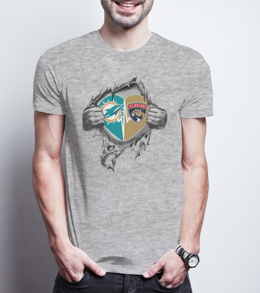 Dolphins And Florida Panthers Heart Design 27 Connection T-Shirt