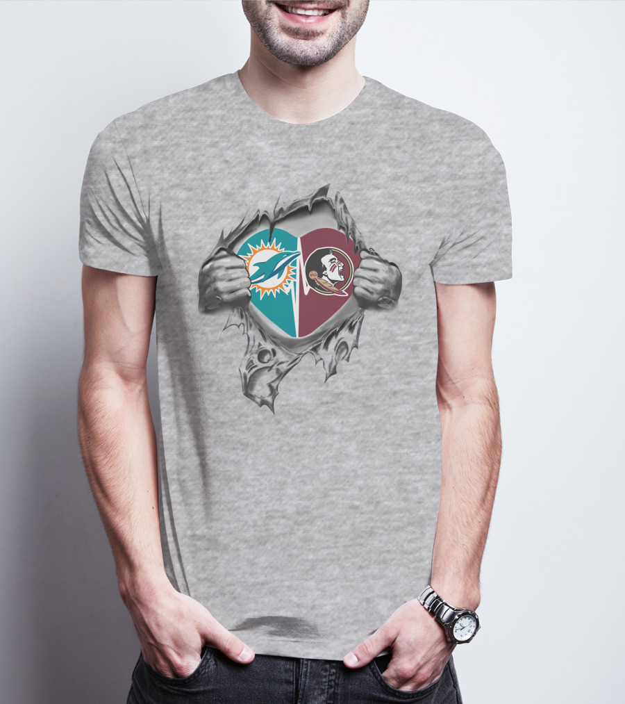 Florida State Seminoles Miami Dolphins Heart Pullover T-Shirt