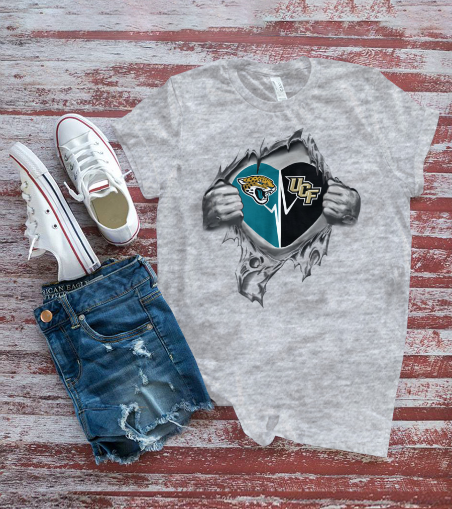 Jacksonville Jaguars Ucf Knights Heart Design Busting Through T-Shirt