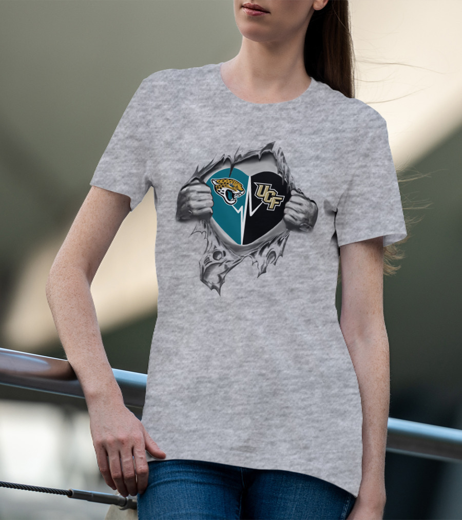 Jacksonville Jaguars Ucf Knights Heart Design Busting Through T-Shirt