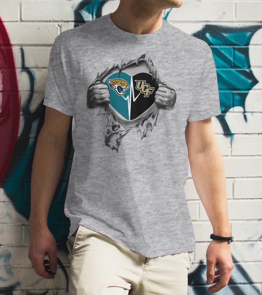 Jacksonville Jaguars Ucf Knights Heart Design Busting Through T-Shirt