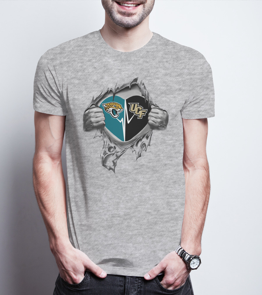 Jacksonville Jaguars Ucf Knights Heart Design Busting Through T-Shirt