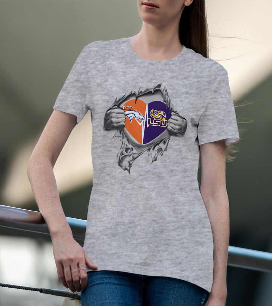 Broncos Lsu Tigers Heart Design With Ripped T-Shirt