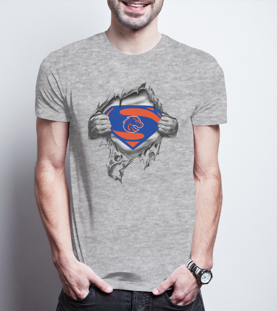 Boise State Broncos Superman Logo In Chest Rip T-Shirt
