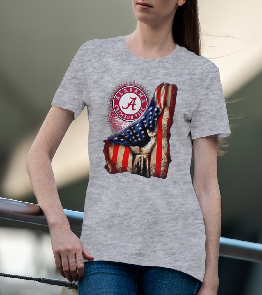 Alabama Crimson Tide American Flag Fist Outline T-Shirt