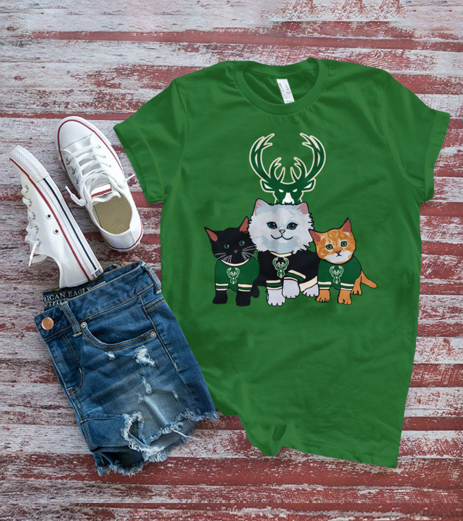 Milwaukee Bucks Cats Trio With Team Logos And Deer Antlers T-Shirt