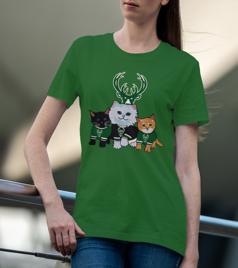 Milwaukee Bucks Cats Trio With Team Logos And Deer Antlers T-Shirt