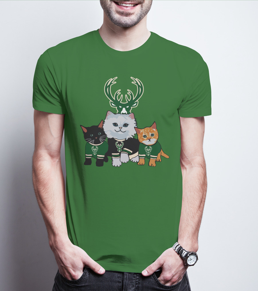 Milwaukee Bucks Cats Trio With Team Logos And Deer Antlers T-Shirt