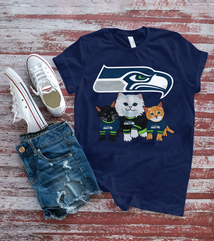 Seattle Seahawks Logo With Cats In Team Jerseys T-Shirt