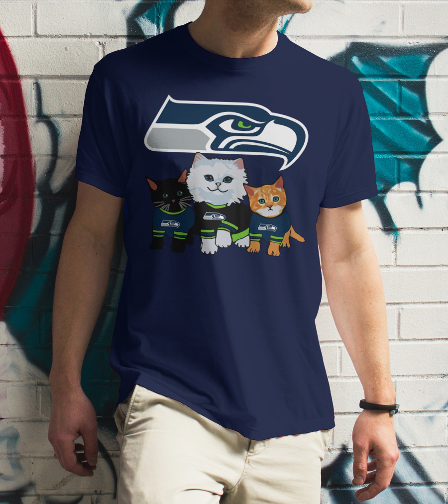 Seattle Seahawks Logo With Cats In Team Jerseys T-Shirt