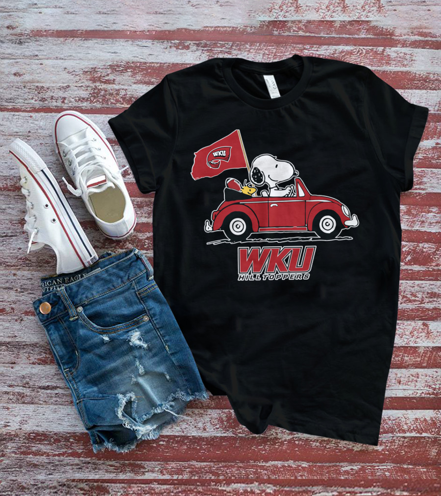 WKU Hilltoppers Snoopy Riding In Red Car With Flag T-Shirt