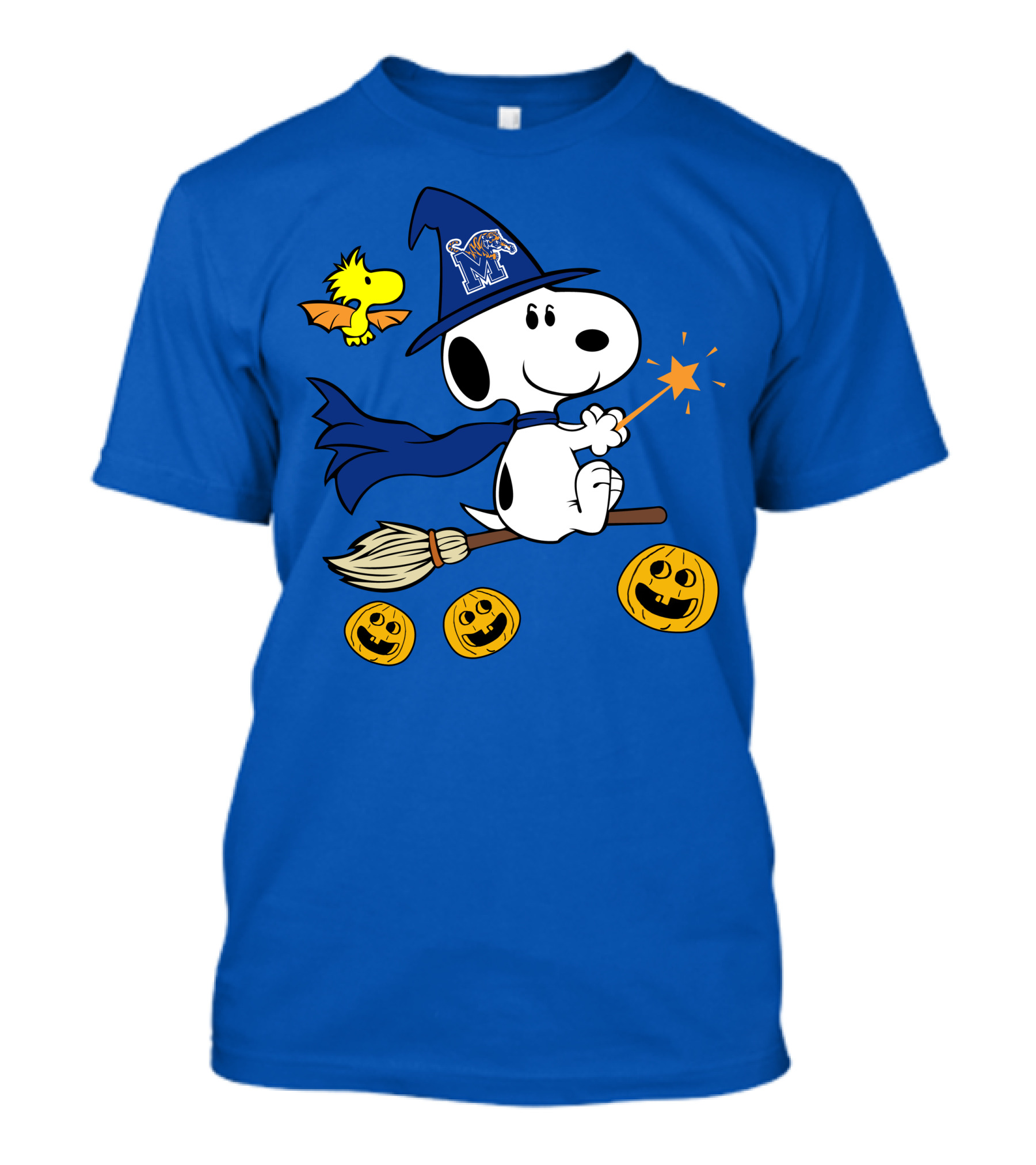 Snoopy And Woodstock Flying Witch With Memphis Tigers Hat And Happy Halloween Pumpkins T-Shirt