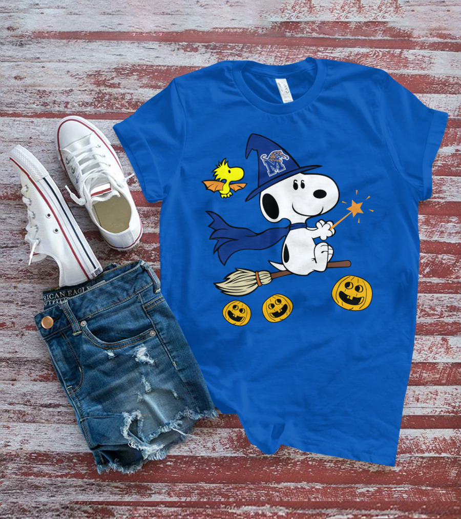 Snoopy And Woodstock Flying Witch With Memphis Tigers Hat And Happy Halloween Pumpkins T-Shirt