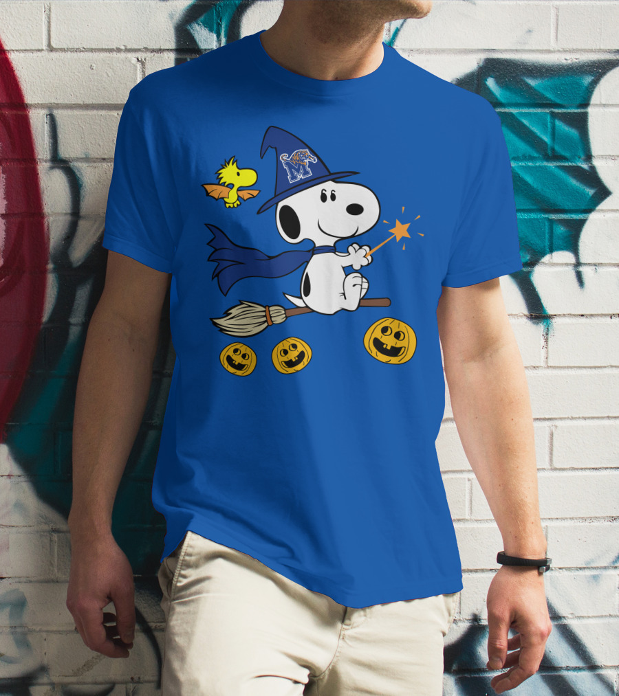 Snoopy And Woodstock Flying Witch With Memphis Tigers Hat And Happy Halloween Pumpkins T-Shirt