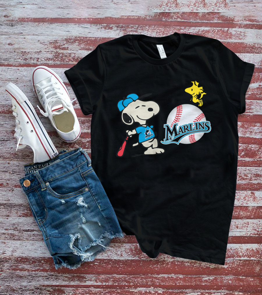 Miami Marlins Snoopy Baseball Woodstock Cartoon T-Shirt
