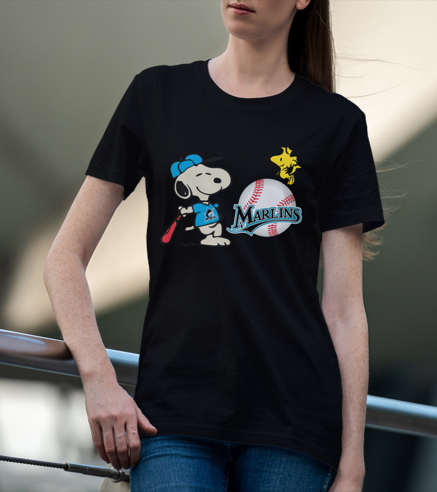 Miami Marlins Snoopy Baseball Woodstock Cartoon T-Shirt