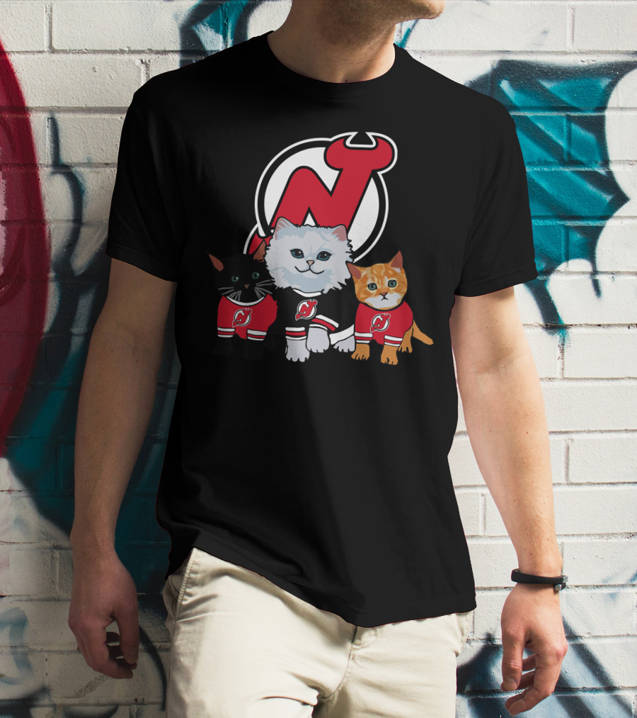 New Jersey Devils Cute Cats In Red Jerseys With Team T-Shirt