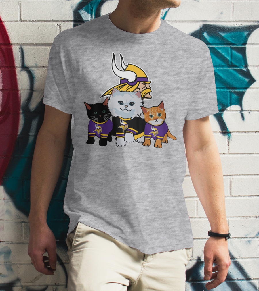 Minnesota Vikings Cats In Purple Jerseys With Viking Helmet T-Shirt