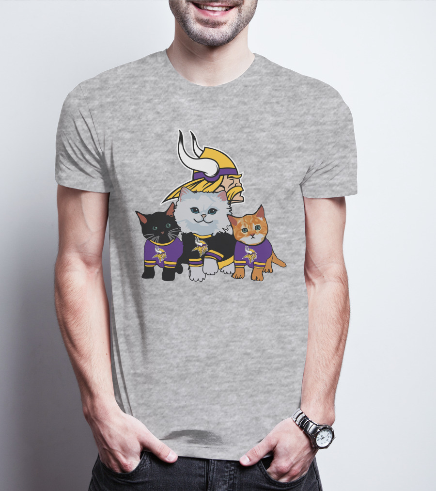 Minnesota Vikings Cats In Purple Jerseys With Viking Helmet T-Shirt