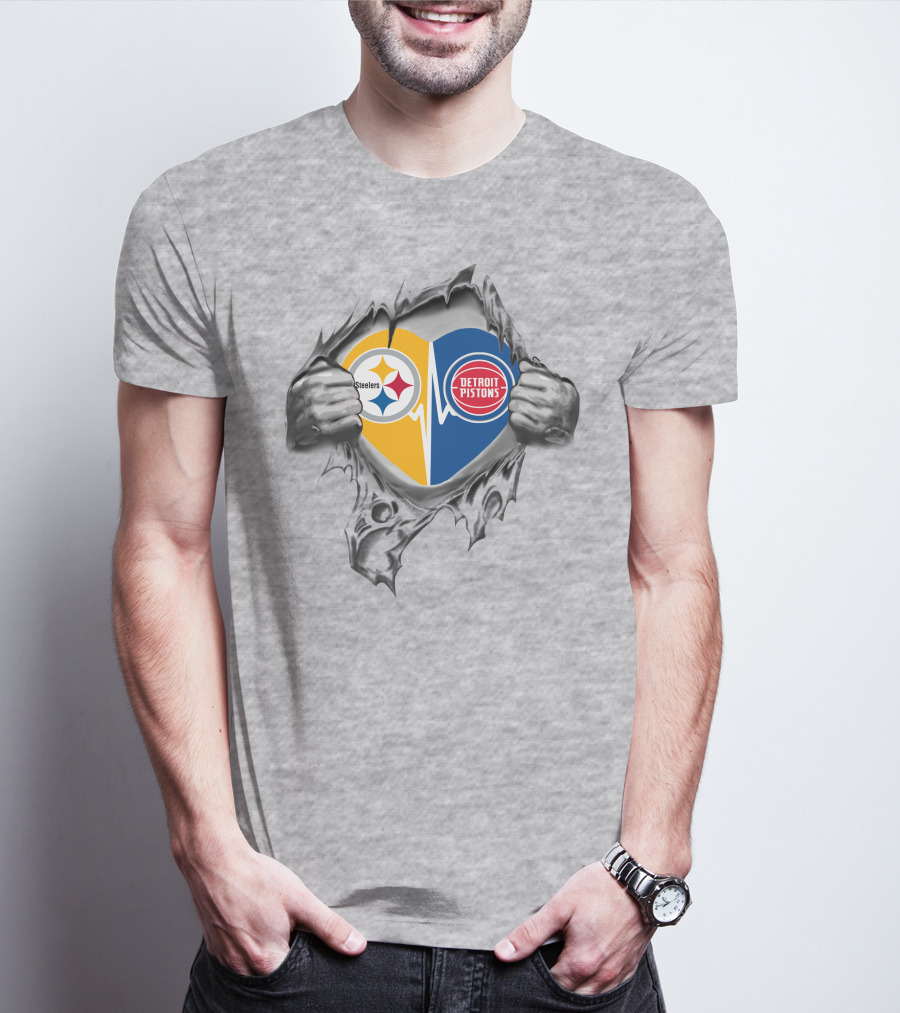 Steelers Detroit Pistons Heart Design Featuring Logos And Ripped Effect T-Shirt