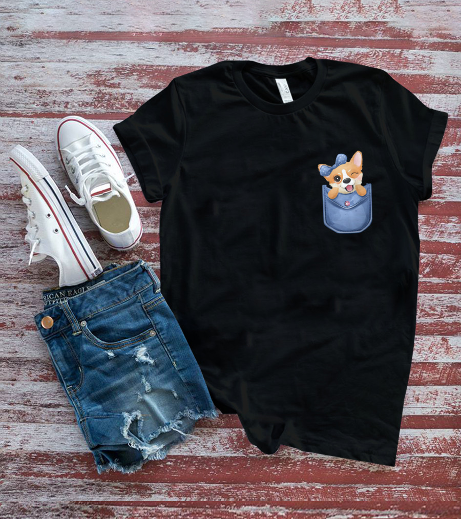 Corgi In Blue Pocket With Winking Bow T-Shirt