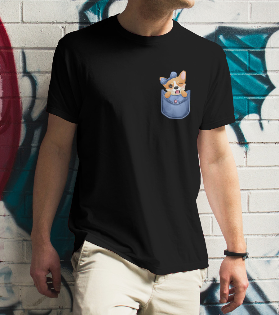 Corgi In Blue Pocket With Winking Bow T-Shirt