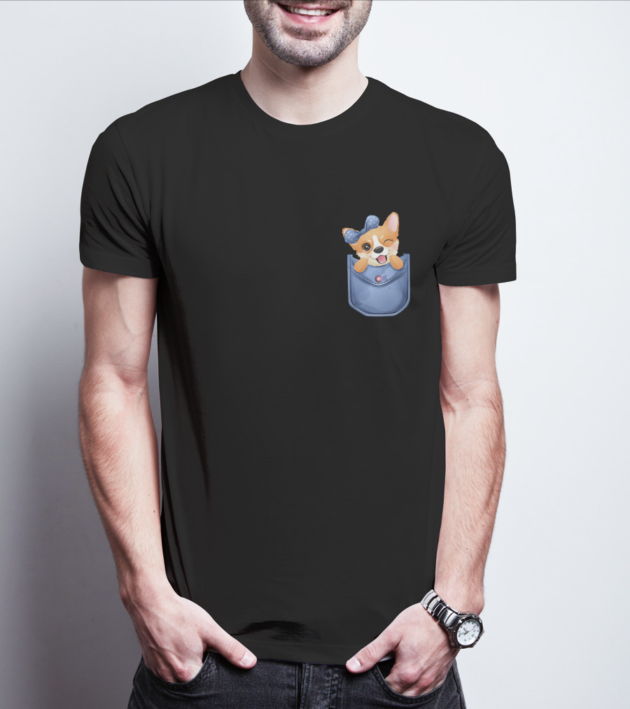 Corgi In Blue Pocket With Winking Bow T-Shirt