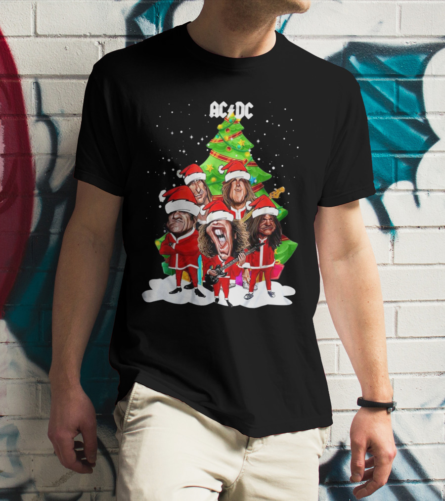 ACDC Christmas Band Santa Hats Cartoon Snow Guitar Christmas Tree T-Shirt
