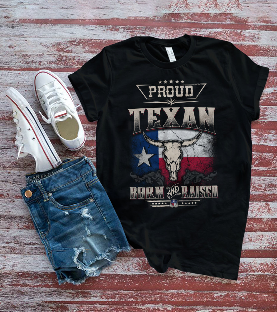 Proud Texan Born And Raised Texas Flag Longhorn Skull T-Shirt