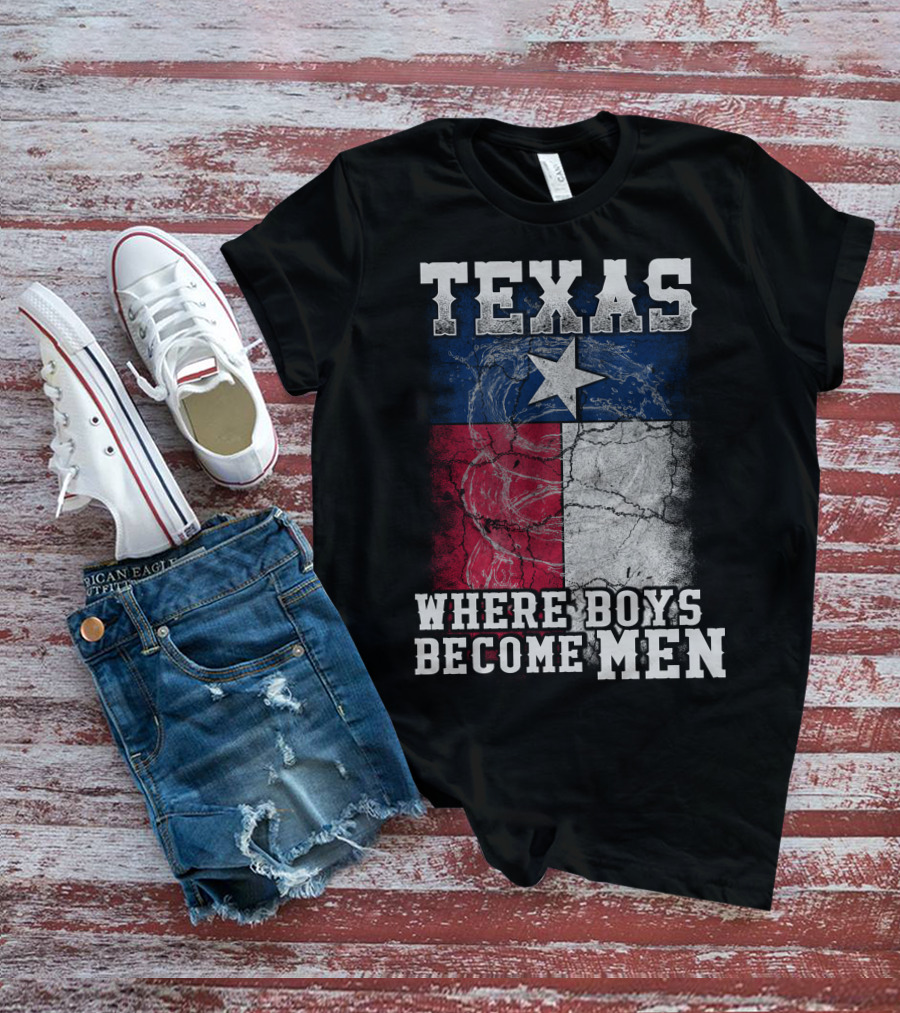 Texas Where Boys Become Men Lone Star Flag Cracked T-Shirt