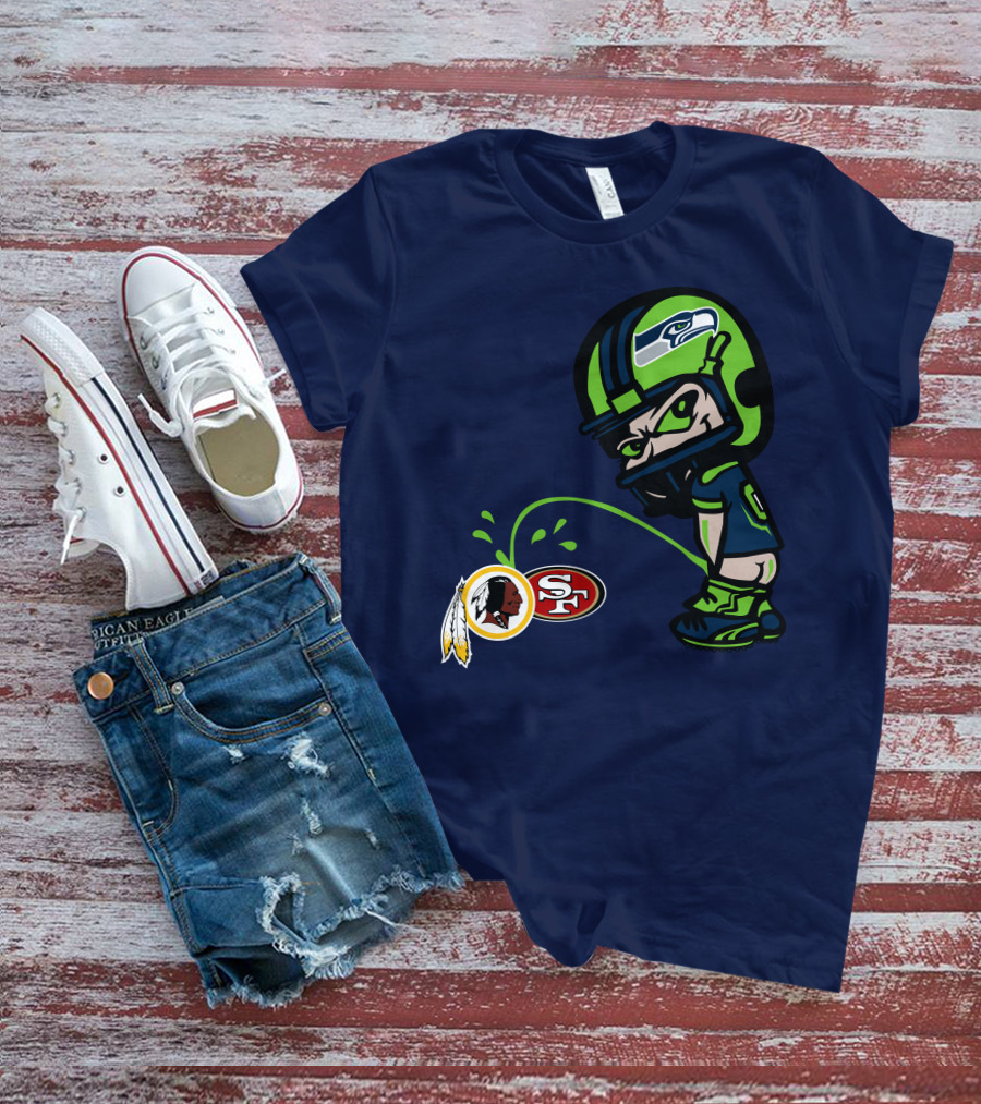 Seattle Seahawks Rivalry Cartoon With San Francisco 49ers And Washington Logos T-Shirt