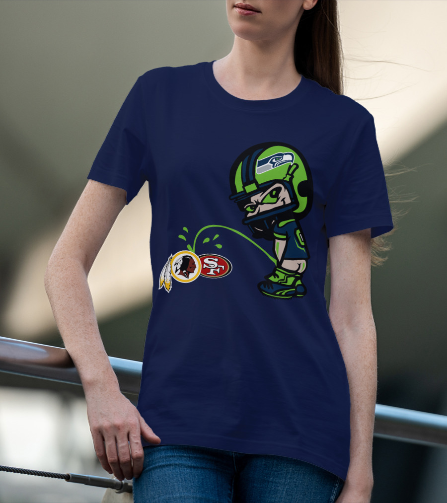 Seattle Seahawks Rivalry Cartoon With San Francisco 49ers And Washington Logos T-Shirt