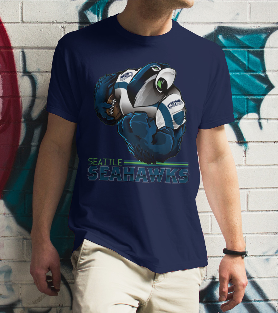 Seattle Seahawks Powerful Mascot With Football Iconic Team Spirit T-Shirt