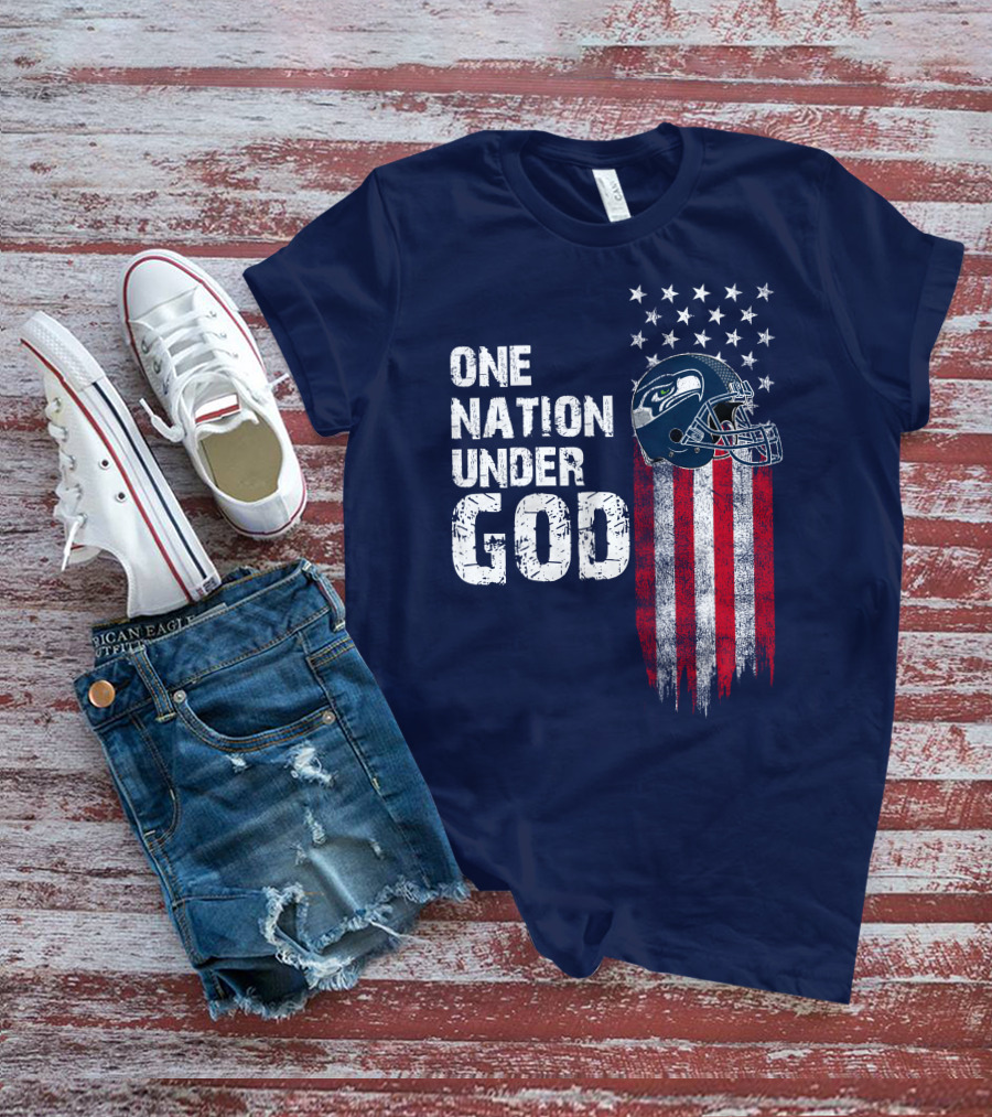 One Nation Under God Seattle Seahawks Flag Helmet Stars Stripes T-Shirt