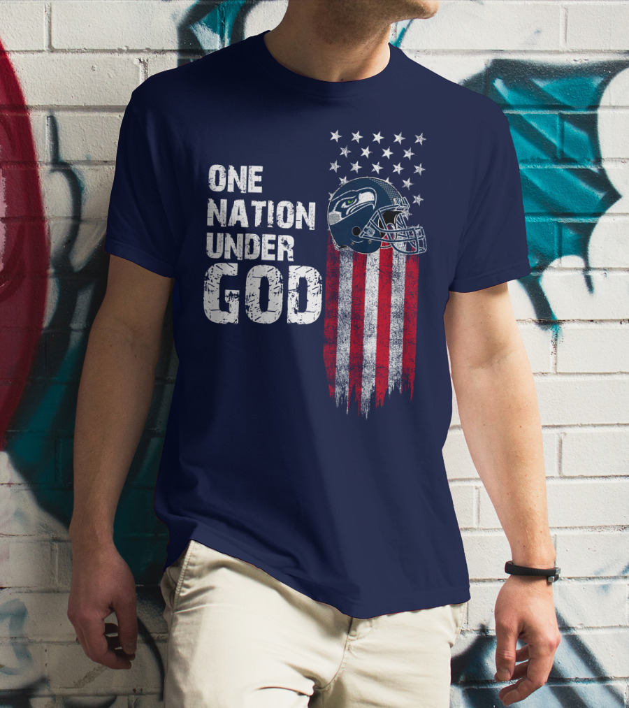 One Nation Under God Seattle Seahawks Flag Helmet Stars Stripes T-Shirt
