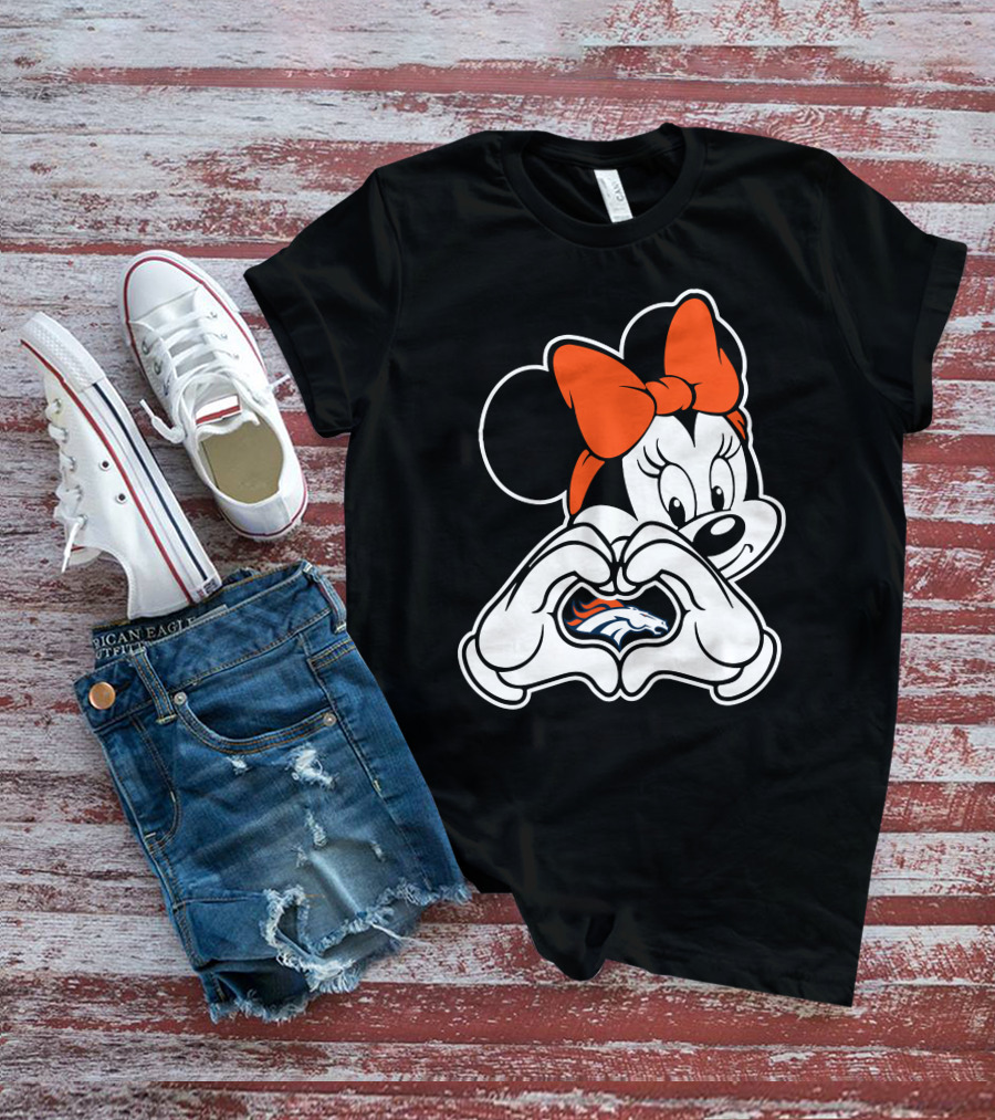 Minnie Mouse Heart Hands Denver Broncos Logo On Black Background With Orange Bow T-Shirt
