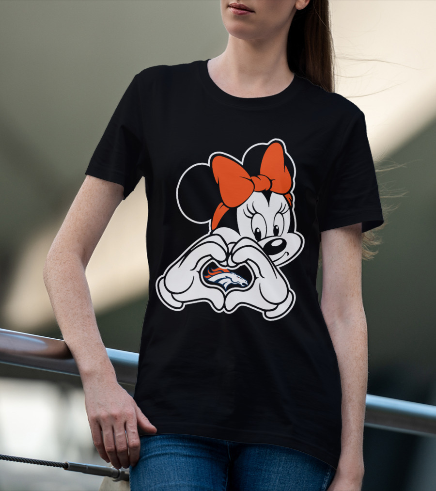 Minnie Mouse Heart Hands Denver Broncos Logo On Black Background With Orange Bow T-Shirt