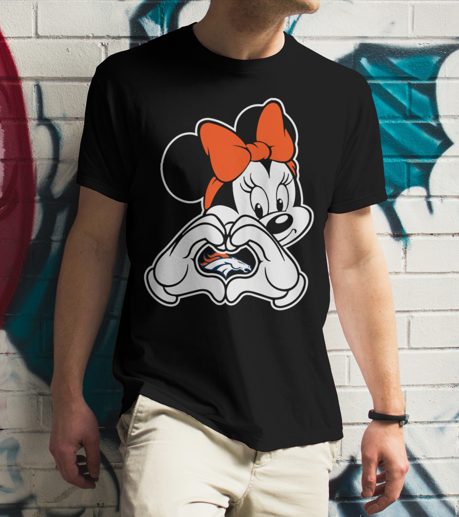 Minnie Mouse Heart Hands Denver Broncos Logo On Black Background With Orange Bow T-Shirt