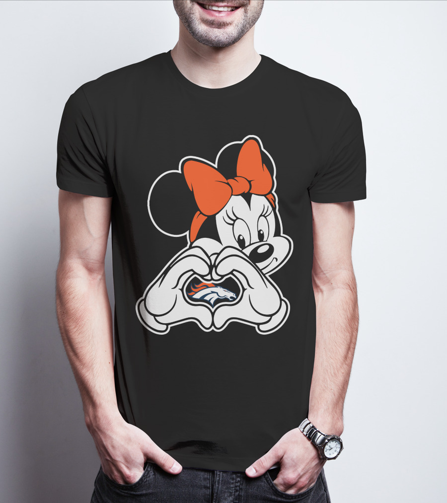 Minnie Mouse Heart Hands Denver Broncos Logo On Black Background With Orange Bow T-Shirt