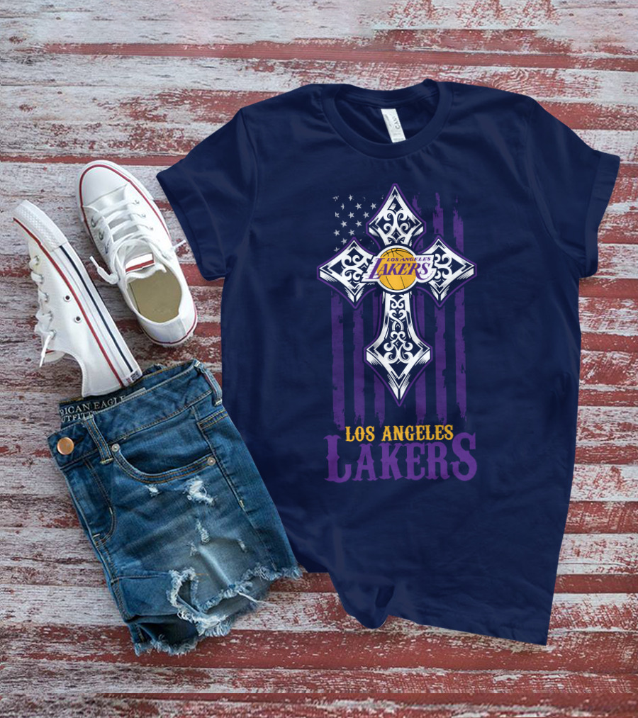 Los Angeles Lakers Cross American Flag T-Shirt