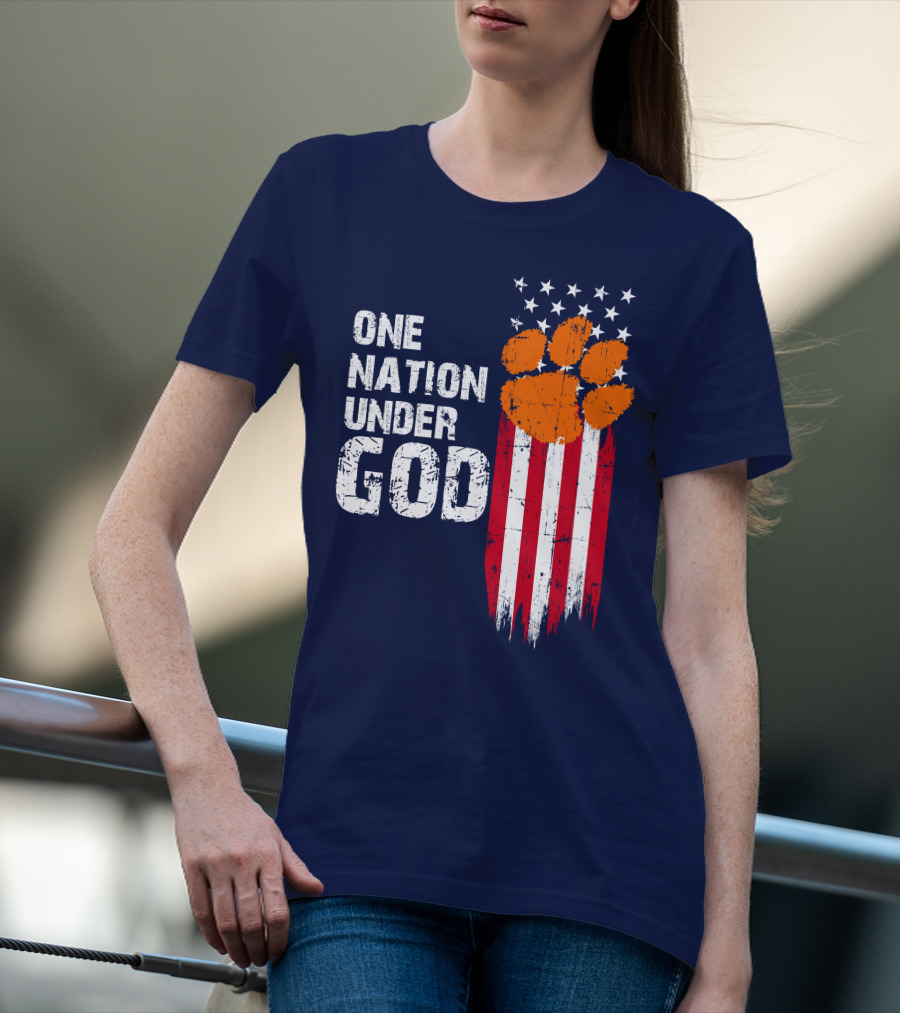 One Nation Under God Clemson Tigers American Flag Paw Print T-Shirt